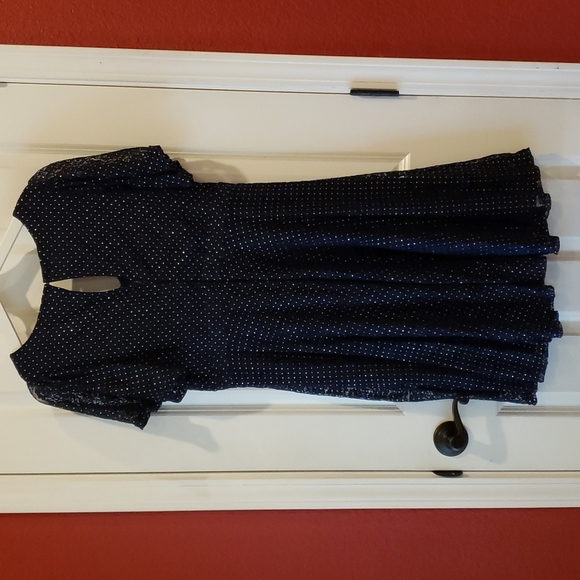 MOTHERHOOD Maternity Navy Blue & Gold Polka Dot Short Sleeve Lace Dress sz M - Picture 6 of 12